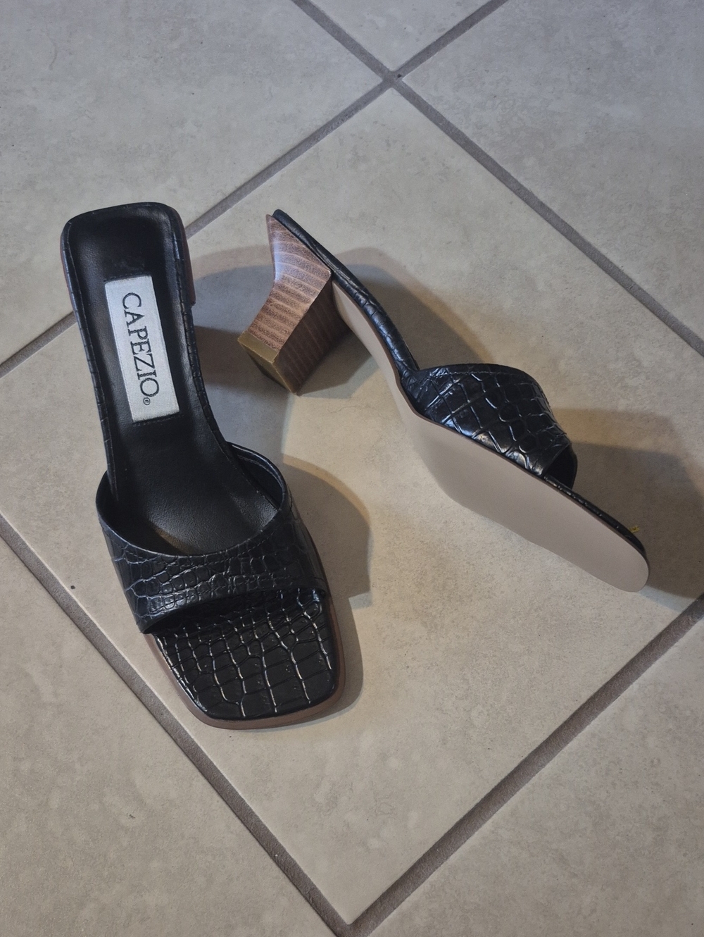 Capezio Black Croc-Embossed Block Heel Slides